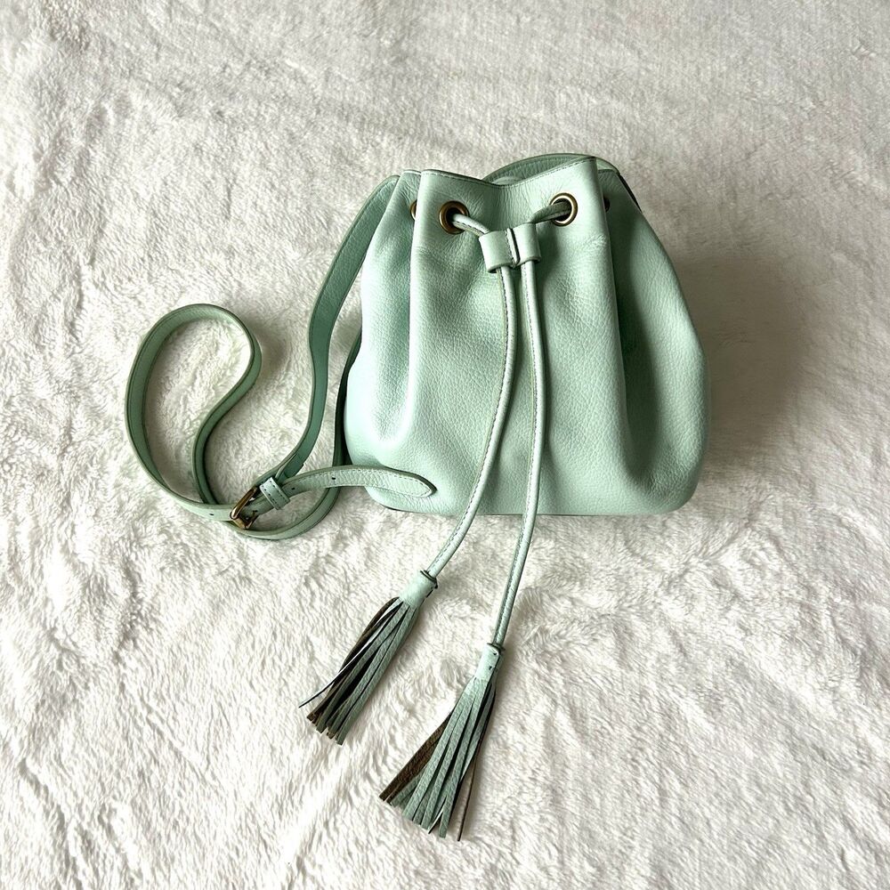 J. Crew Pebbled Leather Bucket Bag with Tassels Sea Foam Green Crossbody Coastal - Picture 6 of 6